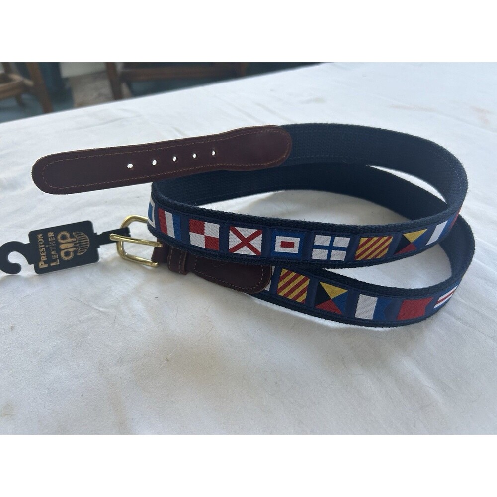 NWT new Nautical Flags Belt Men’s 44 Leather & Blue Canvas Brass Buckle USA Flag